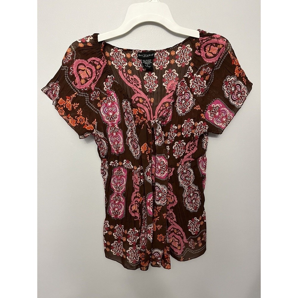 Boho Polyester Design Bay Studio Career Size Small Top Brown Blouses For Women